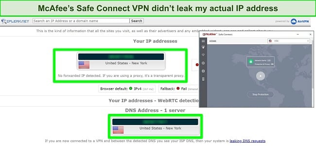 Captura de tela de McAfee Passando testes de vazamento de DNS