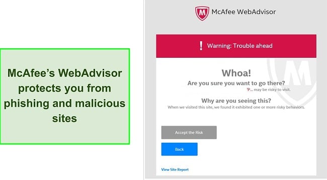 Captura de tela do McAfee WebAdvisor bloqueando ameaças de phishing