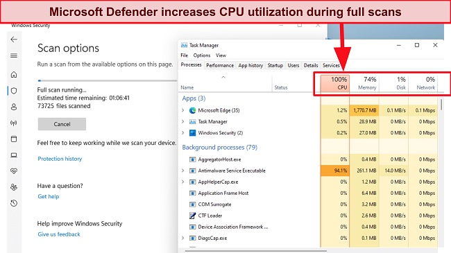 Екранна снимка на използването на процесора на Microsoft Defender