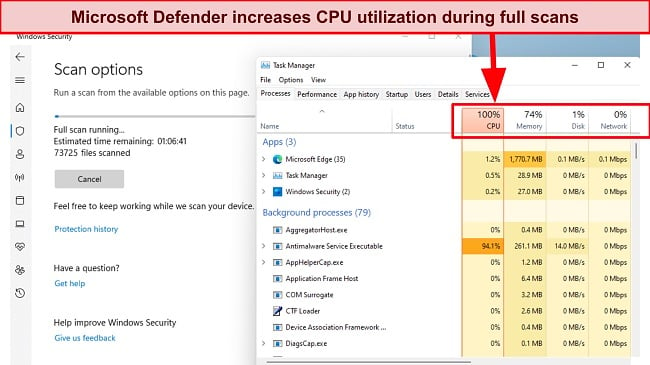 Captura de tela do Microsoft Defender CPU Utilização