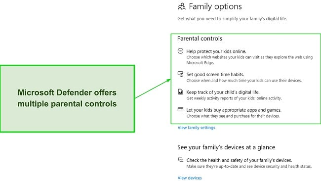 Screenshot of Microsoft Defender parental controls settings tab