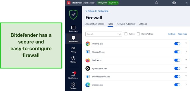 Screenshot of Bitdefender's firewall settings
