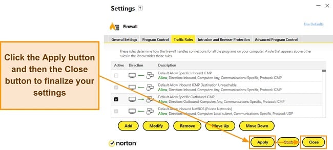Screenshot showing how to apply Norton's firewall settings