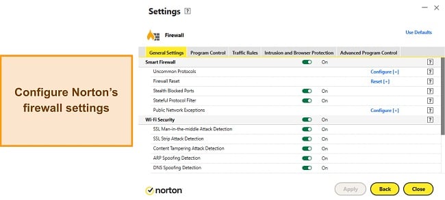 Screenshot showing all of Norton's firewall settings