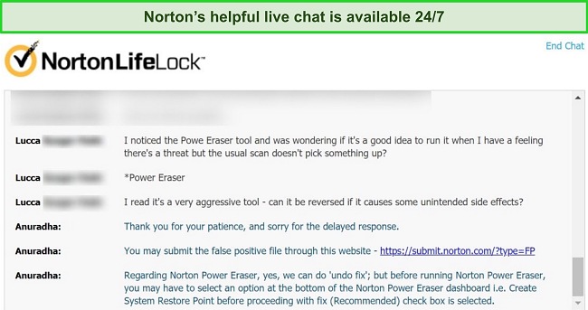 Screenshot of a conversation with Norton's live chat support