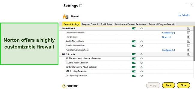 Screenshot of Norton's firewall settings