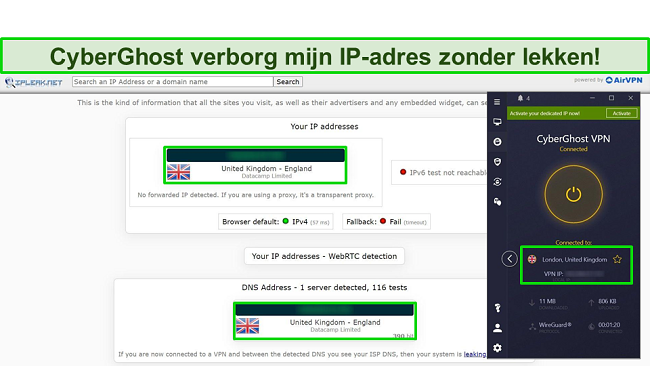 Een unieke test van IP-zorg toont aan dat er geen gegevensstromen zijn als CyberGhost is verbonden met een voor P2P geoptimaliseerde server in Groot-Brittannië.