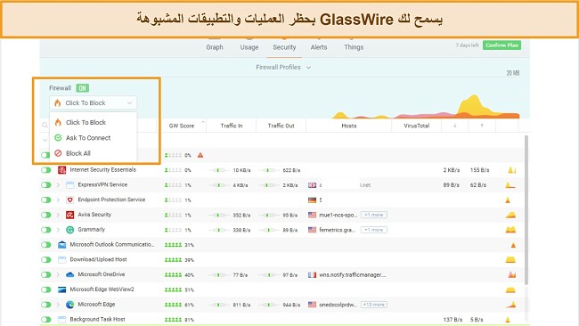 لقطة شاشة لعلامة التبويب GlassWire Security