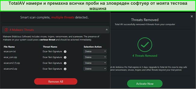 Екранна снимка на резултатите от премахването на зловреден софтуер TotalAV