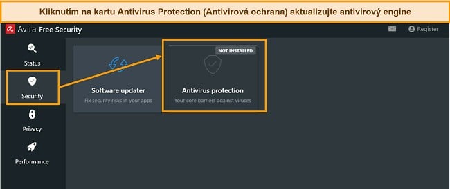 Snímek obrazovky ukazující, jak aktualizovat antimalwarový engine Avira