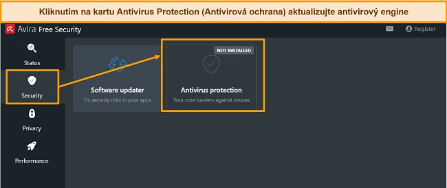 Snímek obrazovky ukazující, jak aktualizovat antimalwarový engine Avira
