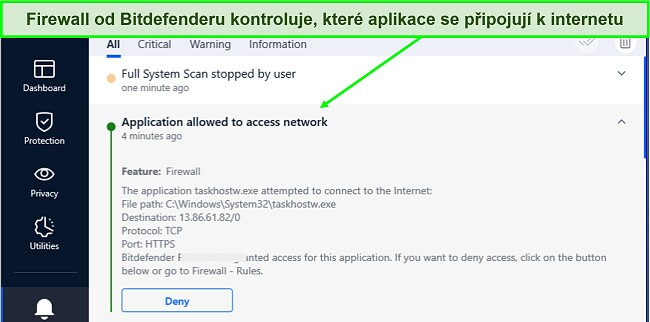 Snímek obrazovky brány firewall Bitdefenderu