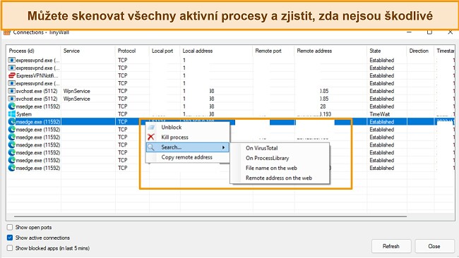 Snímek obrazovky karty připojení Tinywall