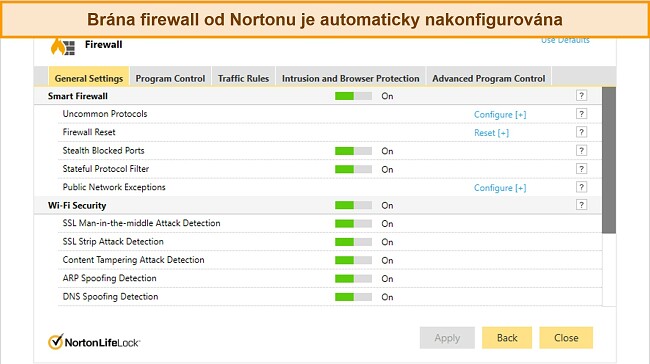 Snímek obrazovky karty nastavení brány firewall aplikace Norton