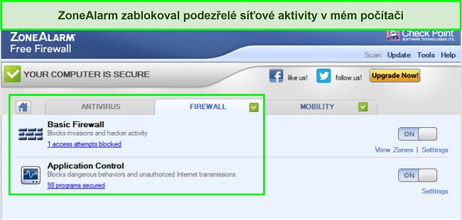 Snímek obrazovky rozhraní brány firewall ZoneAlarm