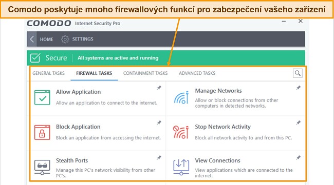 Snímek obrazovky karty úloh brány Comodo