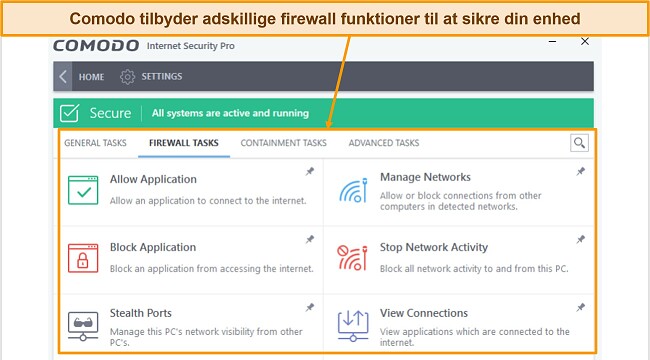 Skærmbillede af fanen Comodo firewall-opgaver