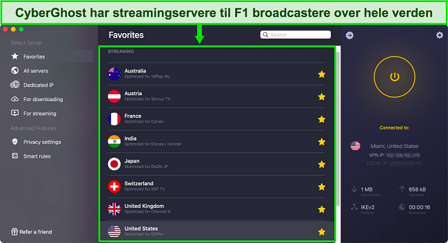 Skærmbillede af CyberGhost-appen, der viser streaming-optimerede servere til officielle F1 Grand Prix-løbssender