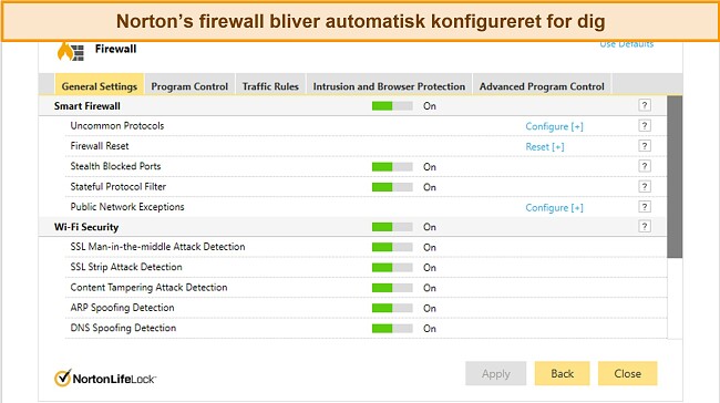 Skærmbillede af Nortons Firewall-indstillingsfane