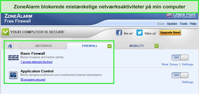 Skærmbillede af ZoneAlarm firewall-grænseflade