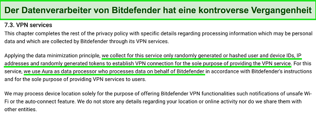 Screenshot der Datenschutzrichtlinie von Bitdefender VPN zur Datenerfassung