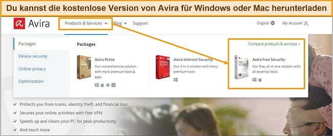 Screenshot des kostenlosen Download-Buttons von Avira
