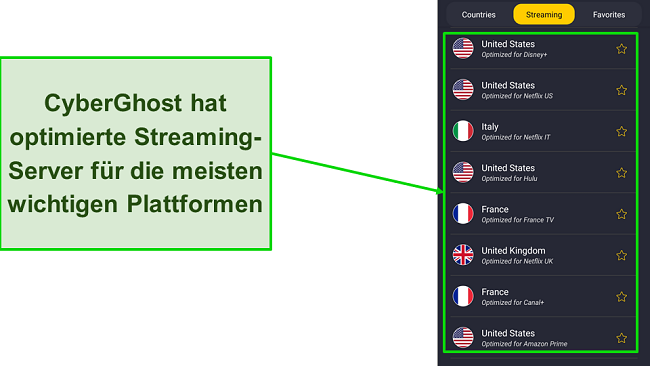 Ein Screenshot der optimierten Streaming-Server von CyberGhost in der Android-App