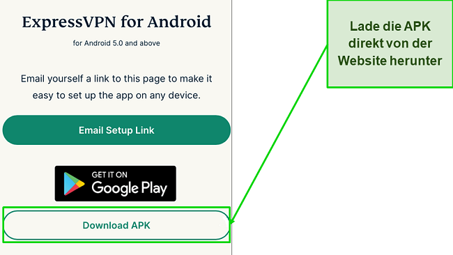 Screenshot der APK-Download-Schaltfläche von der ExpressVPN-Website