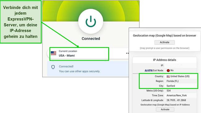 Grafik, die ExpressVPN zeigt, das mit einem Miami-Server verbunden ist und einen DNS-Leak-Test besteht