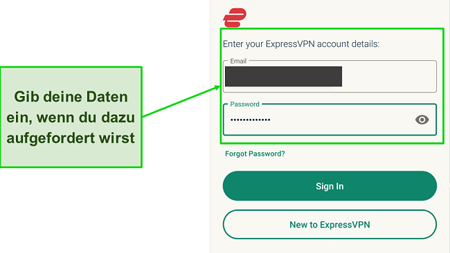 Ein Screenshot der Anmeldeseite von ExpressVPN.