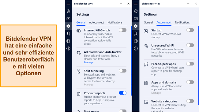 Screenshot der in Bitdefender VPN verfügbaren Einstellungsoptionen
