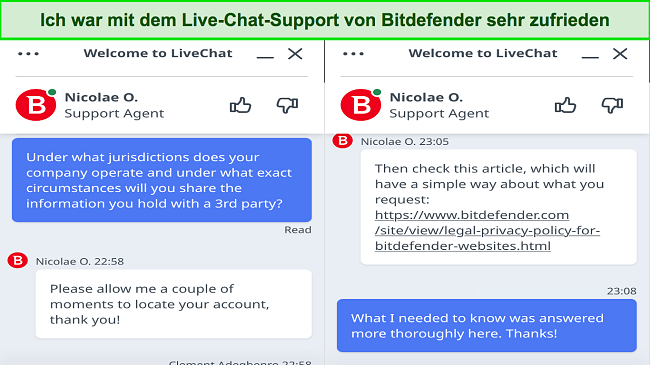 Screenshot meiner Interaktion mit dem Live-Chat-Support von Bitdefender