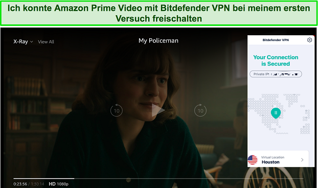 Screenshot von Bitdefender VPN, das Amazon Prime Video entsperrt