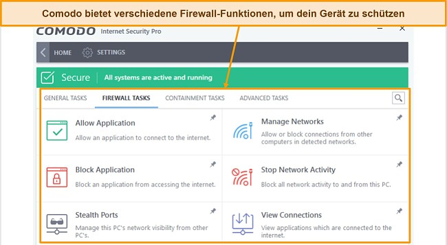 Screenshot der Registerkarte Comodo-Firewall-Aufgaben