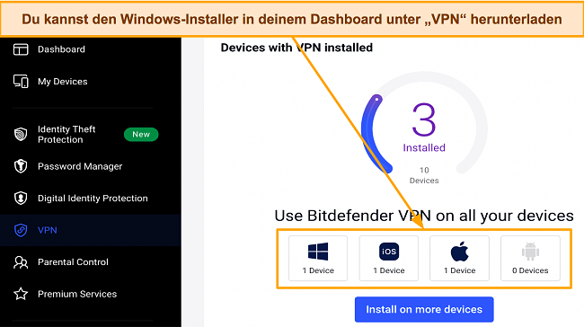 Screenshot der Bitdefender-Downloadseite für verschiedene Betriebssysteme