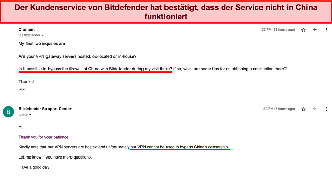 Screenshot meiner Interaktion mit dem Support von Bitdefender, die bestätigt, dass der Dienst in China nicht verwendet werden kann