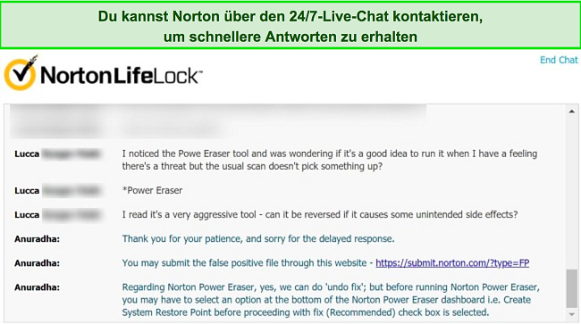 Screenshot eines Live-Chat-Gesprächs mit einem Mitarbeiter des Norton-Kundensupports.