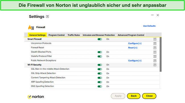 Screenshot der Firewall-Einstellungen von Norton