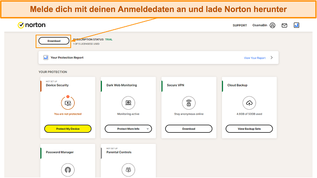 Herunterladen von Nortons Setup von seiner Website