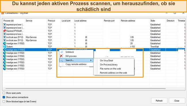 Screenshot der Registerkarte Tinywall-Verbindungen