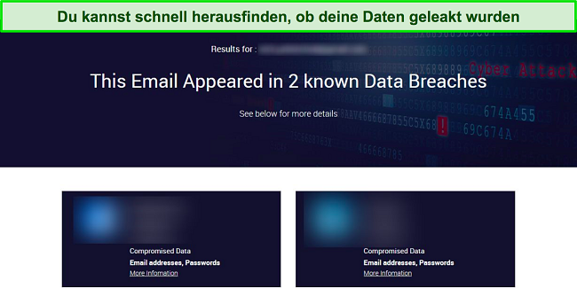 Screenshot von TotalAV mit den Ergebnissen einer Datenschutzverletzungsprüfung für E-Mail-Adressen.