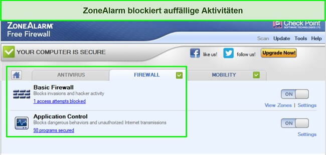 Screenshot der ZoneAlarm-Firewall-Oberfläche