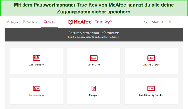 Die Benutzeroberfläche des True Key-Passwortmanagers von McAfee
