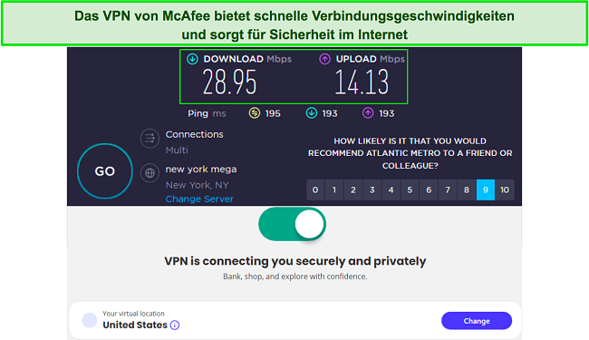 Screenshot der Geschwindigkeitstestergebnisse von McAfee Safe Connect VPN