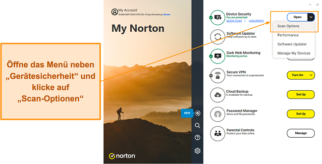 Öffnen der Optionen zum Virenscannen in Norton