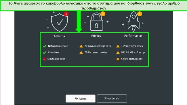 Στιγμιότυπο οθόνης της σελίδας αποτελεσμάτων του σαρωτή ιού Avira