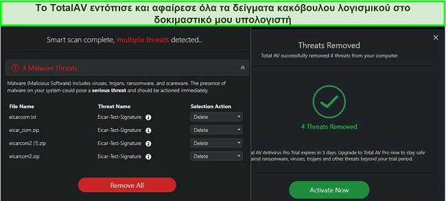 Στιγμιότυπο οθόνης των αποτελεσμάτων αφαίρεσης κακόβουλου λογισμικού TotalAV