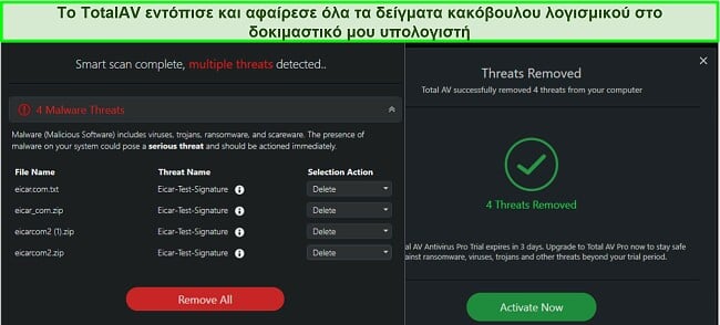 Στιγμιότυπο οθόνης των αποτελεσμάτων αφαίρεσης κακόβουλου λογισμικού TotalAV