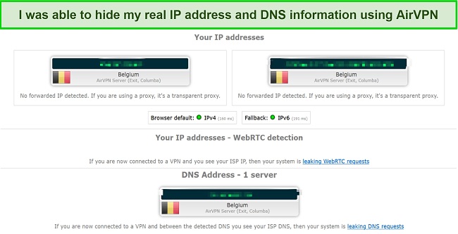 Screenshot of leak test results while using AirVPN