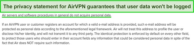 Screenshot of AirVPN's privacy policy